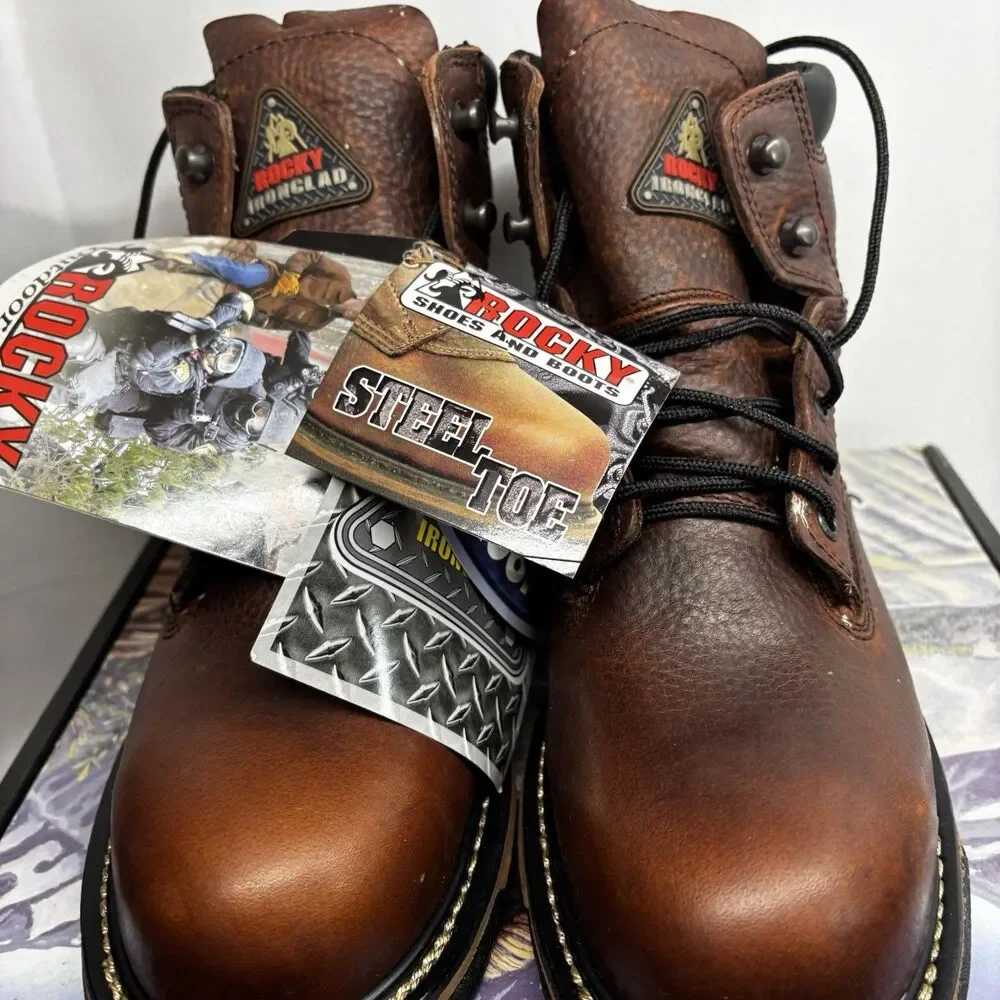 New Rocky IronClad 6696 Mens 8.5 M Steel Toe Waterproof Work Boots Brown Leather